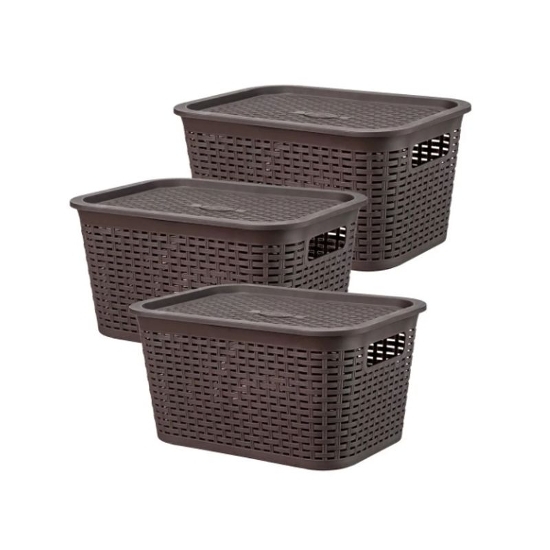 REYPLAST - Caja Organizadora Ratán 6 Lt. / Pack 3 Color Marrón Oscuro