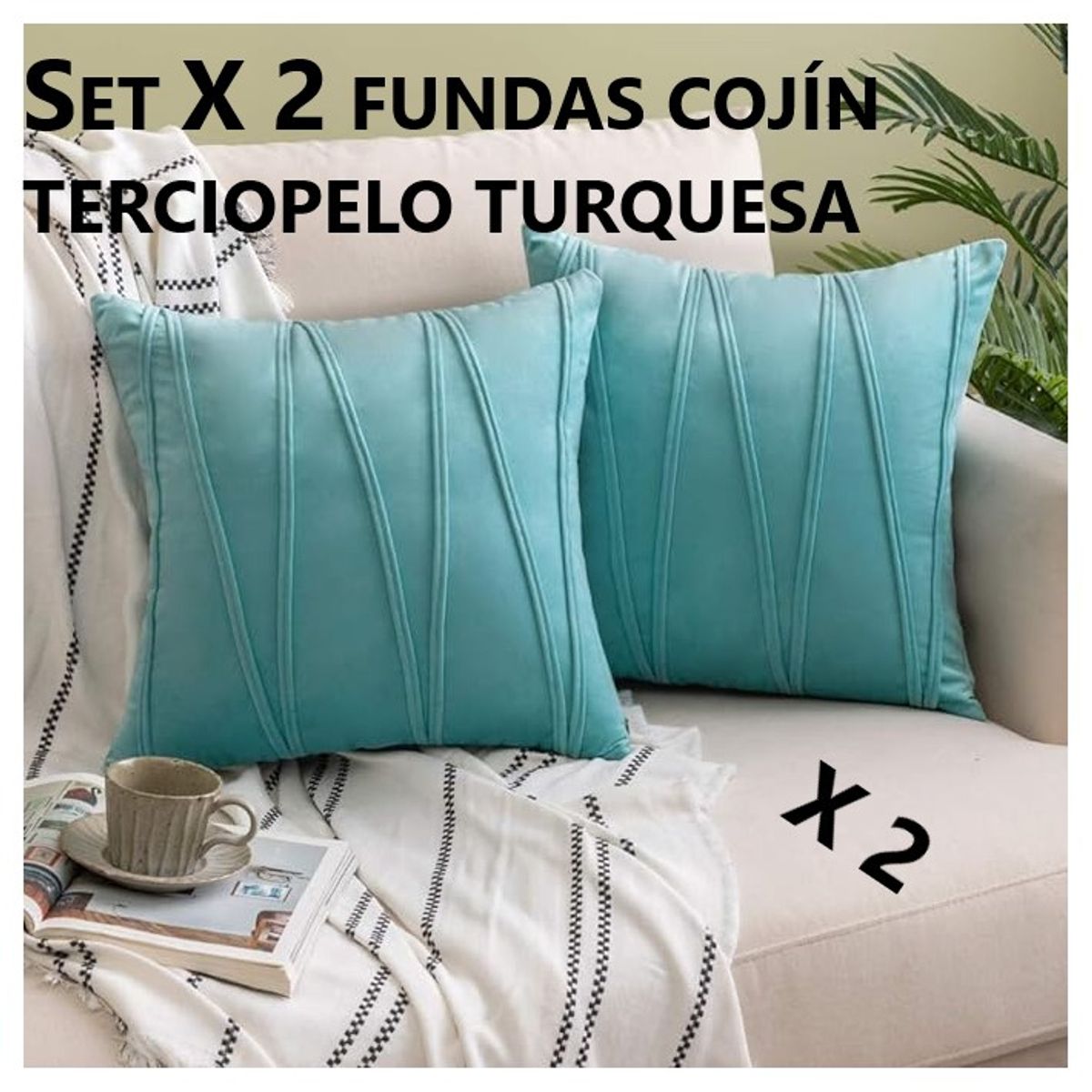 COMPRAPO - Set X 2 Fundas para Cojín Terciopelo Zig Zag Turquesa 45x45 Cm.
