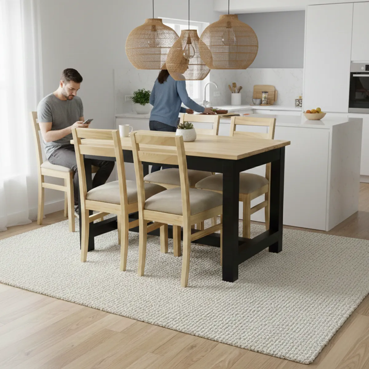 MUEBLES NATIVA - Comedor Carpintero 4 Sillas Tapiz Beige