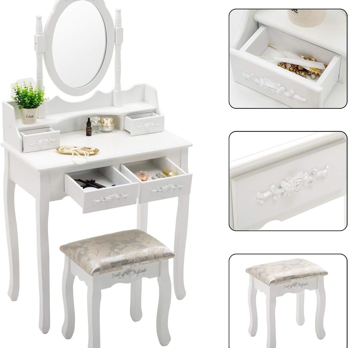 ITAHOME - TOCADOR COMODA MAQUILLAJE BANCA + ESPEJO LORENZA