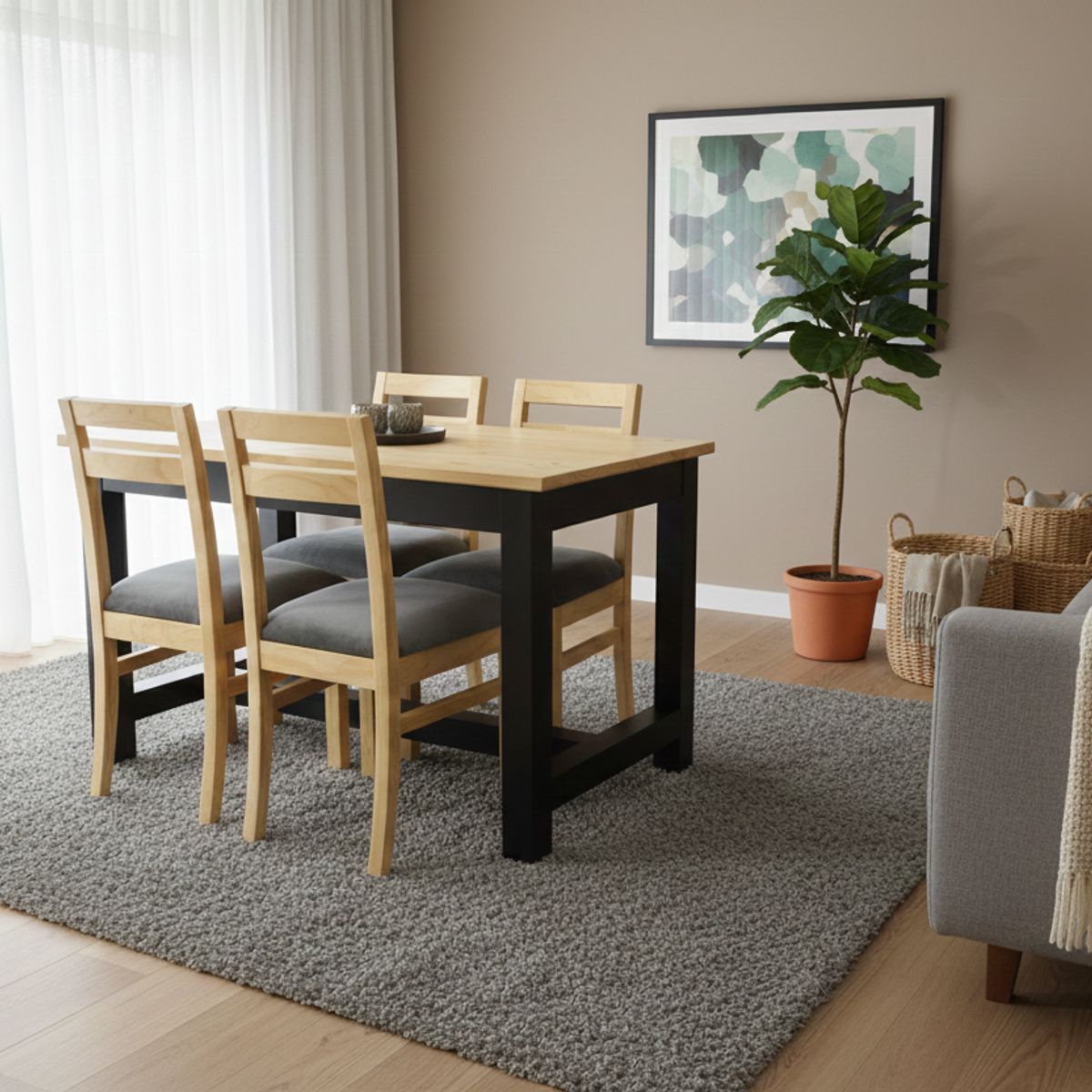 MUEBLES NATIVA - Comedor Carpintero 4 Sillas Tapiz Gris