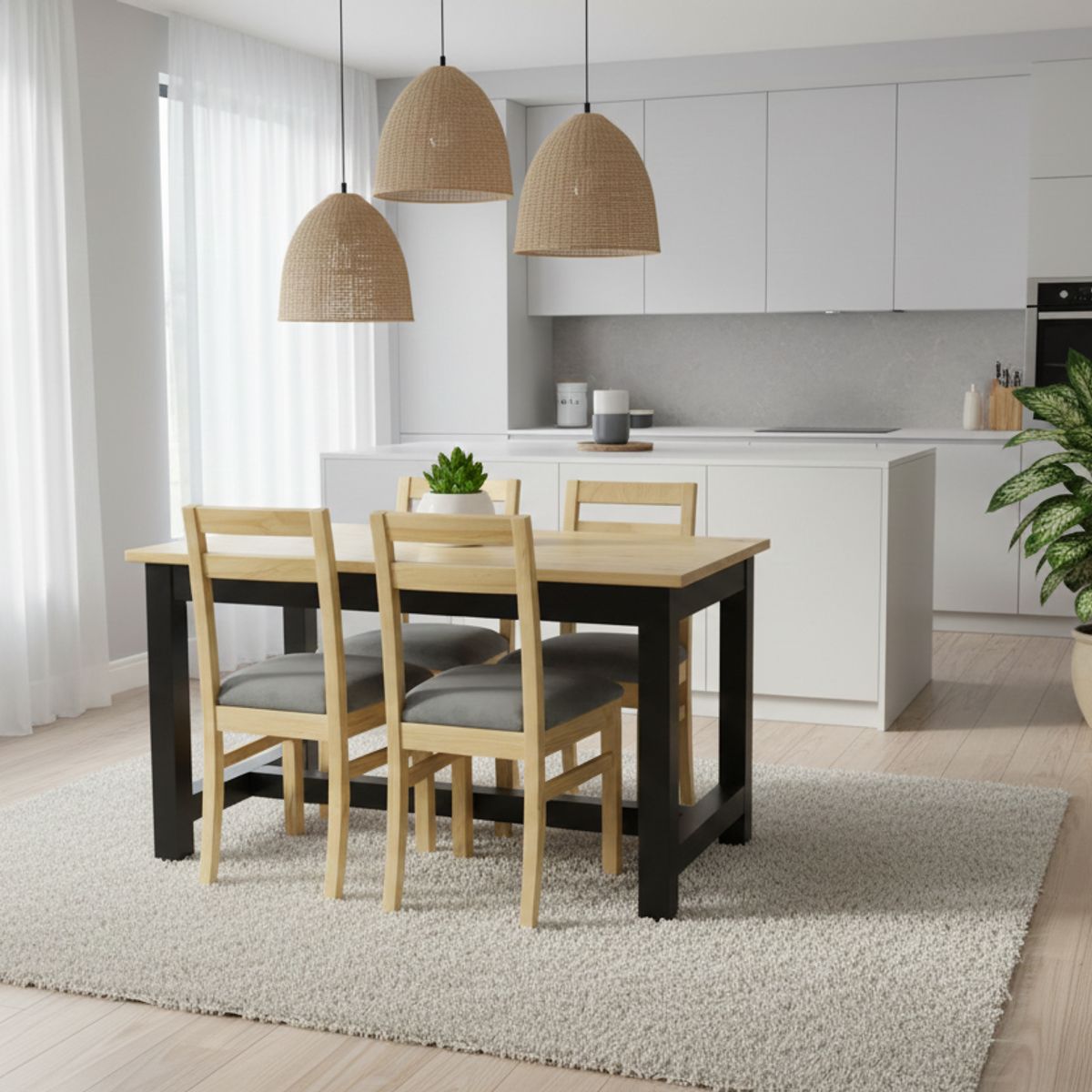 MUEBLES NATIVA - Comedor Carpintero 4 Sillas Tapiz Gris