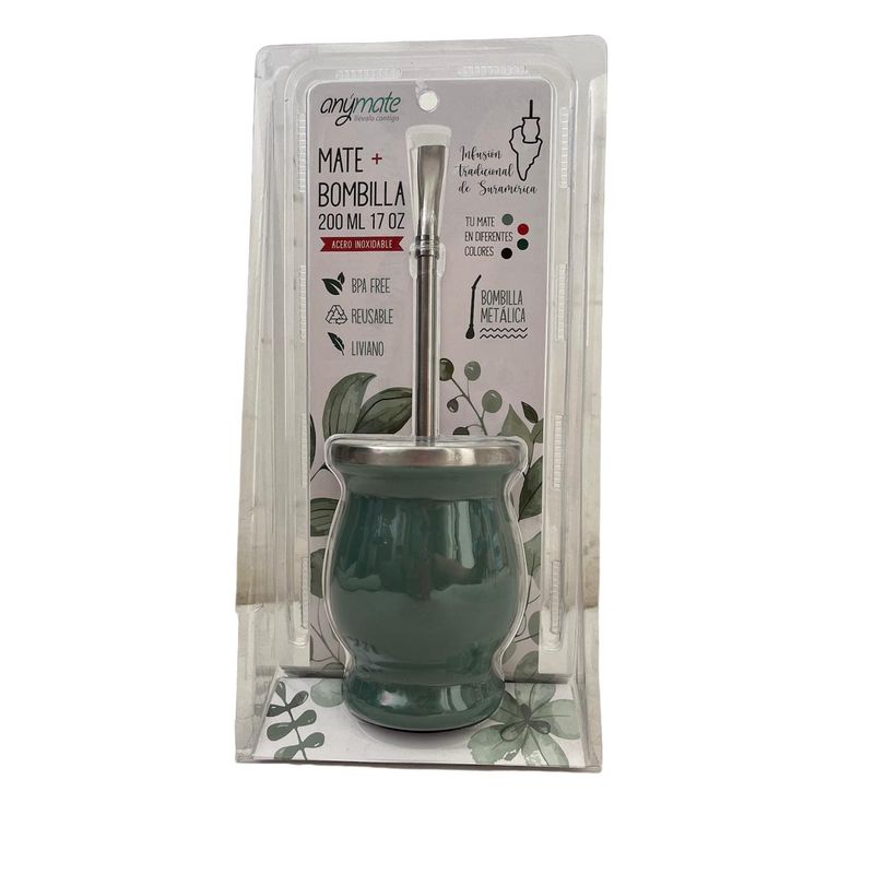 GENERICO - Anymate Mate De Acero Inoxidable Verde 200 Ml + Bombilla Metálica