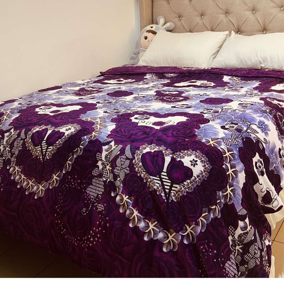 GENERICO - Mantas Frazada 2 Plazas Termica Morado Rosas