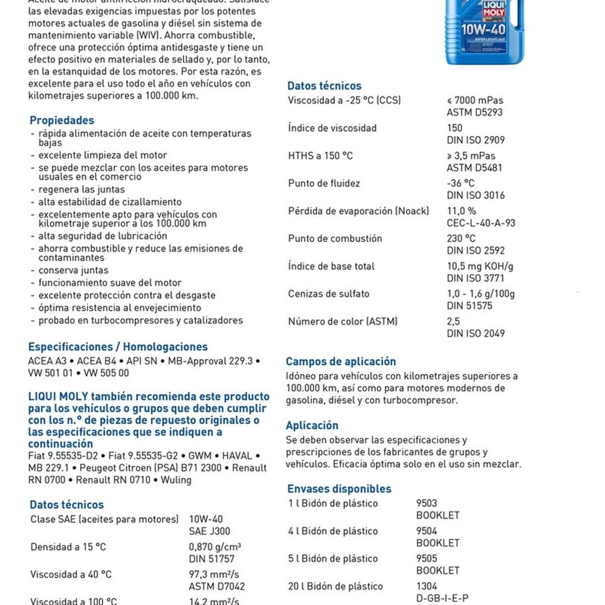 LIQUI MOLY - Aceite Para Motor Super Leichtlauf 10w40 Liqui Moly 5lts