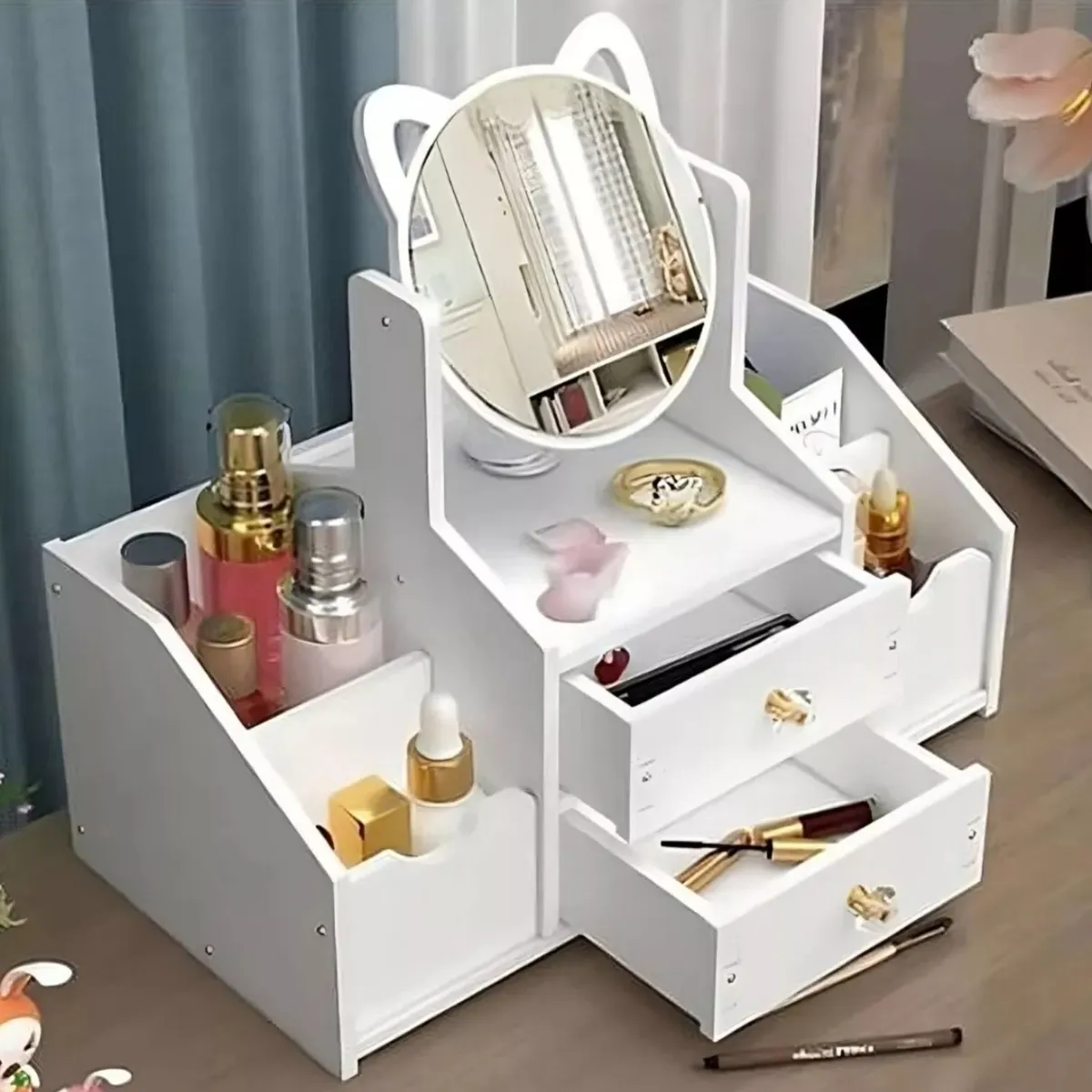 GENERICO - Cajón Con Espejo Y Repisa Organizadora De Joyero Cosméticos Blanco