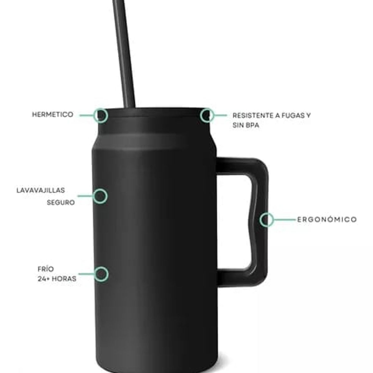 GENERICO - Vaso Termo Para Agua Cafe 1500ml Acero Inox +tapa+bombilla NEGRO