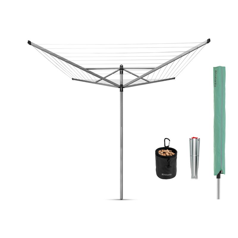 BRABANTIA - Tendedero paraguas rotatorio Lift-O-Matic 50 Mt + soporte jardín + Acc. Metallic Grey - Gris