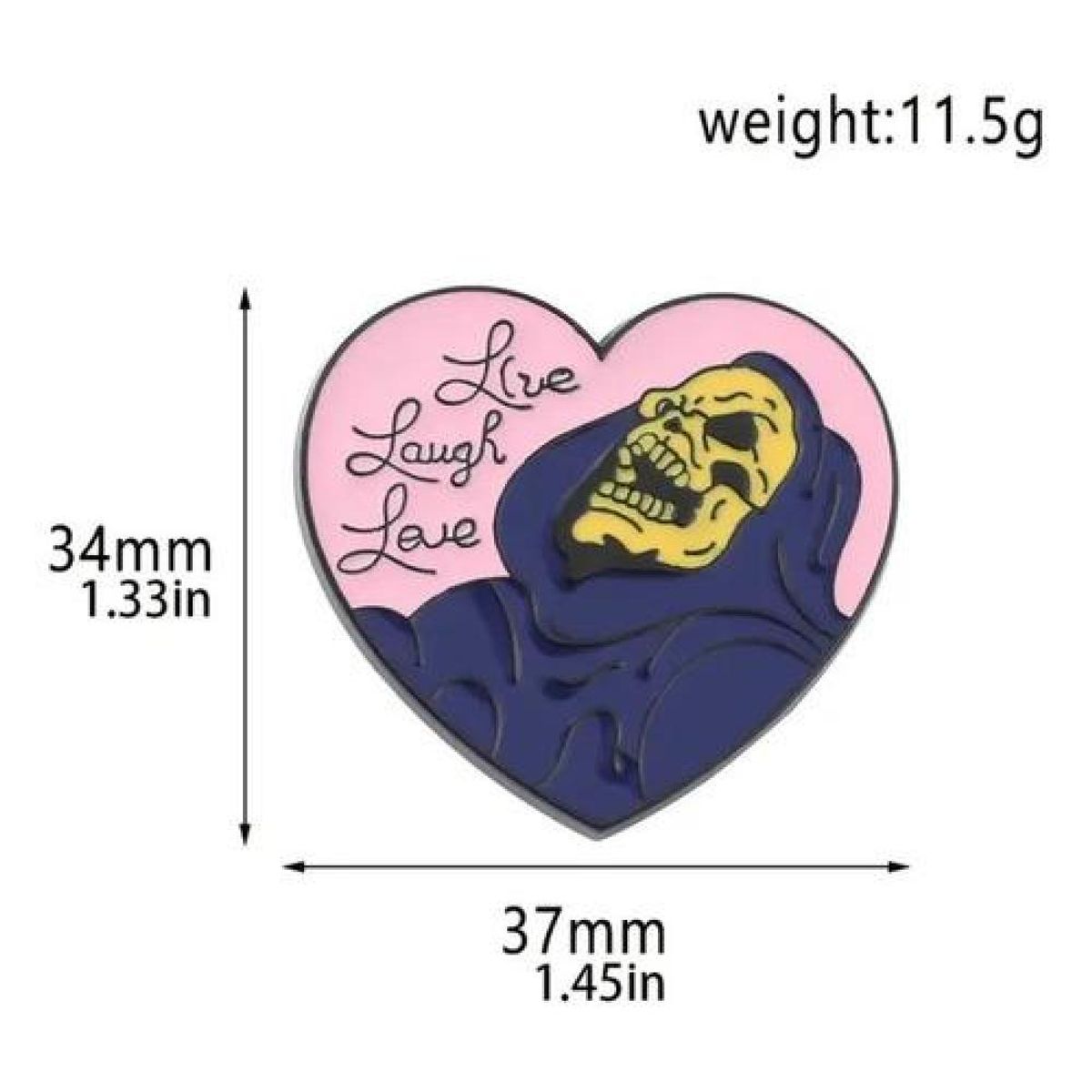 GENERICO - Pin Broche Divertido Skeletor Corazón  Vive, Ríe, Ama - Negro
