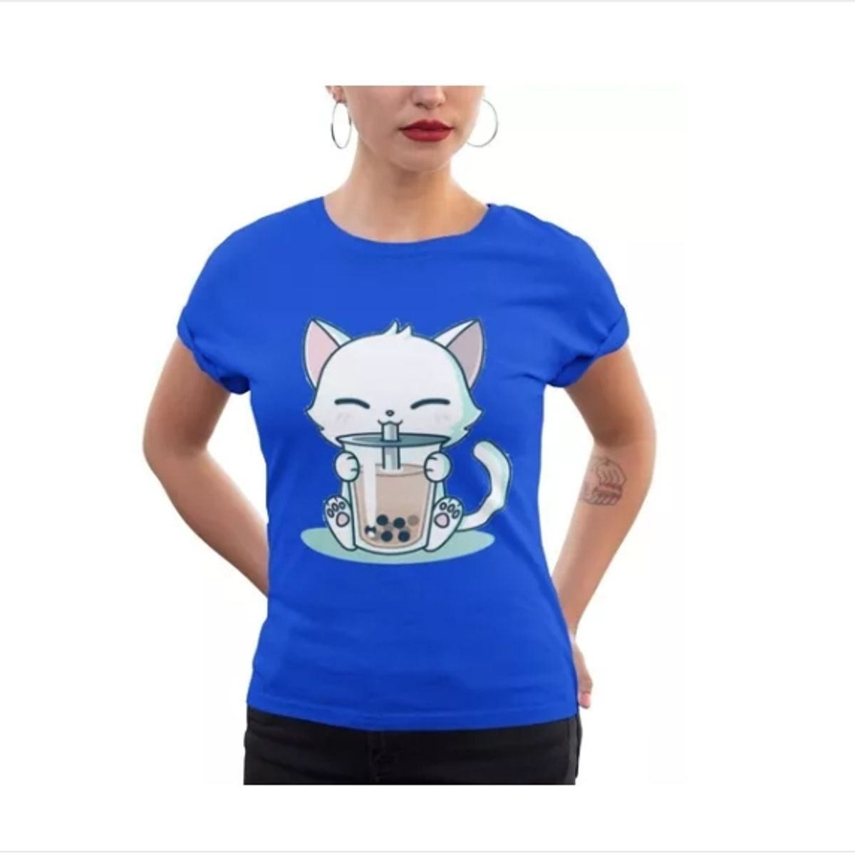 GENERICO - Polera Dama Gatito Con Bebida Estampado Algodon