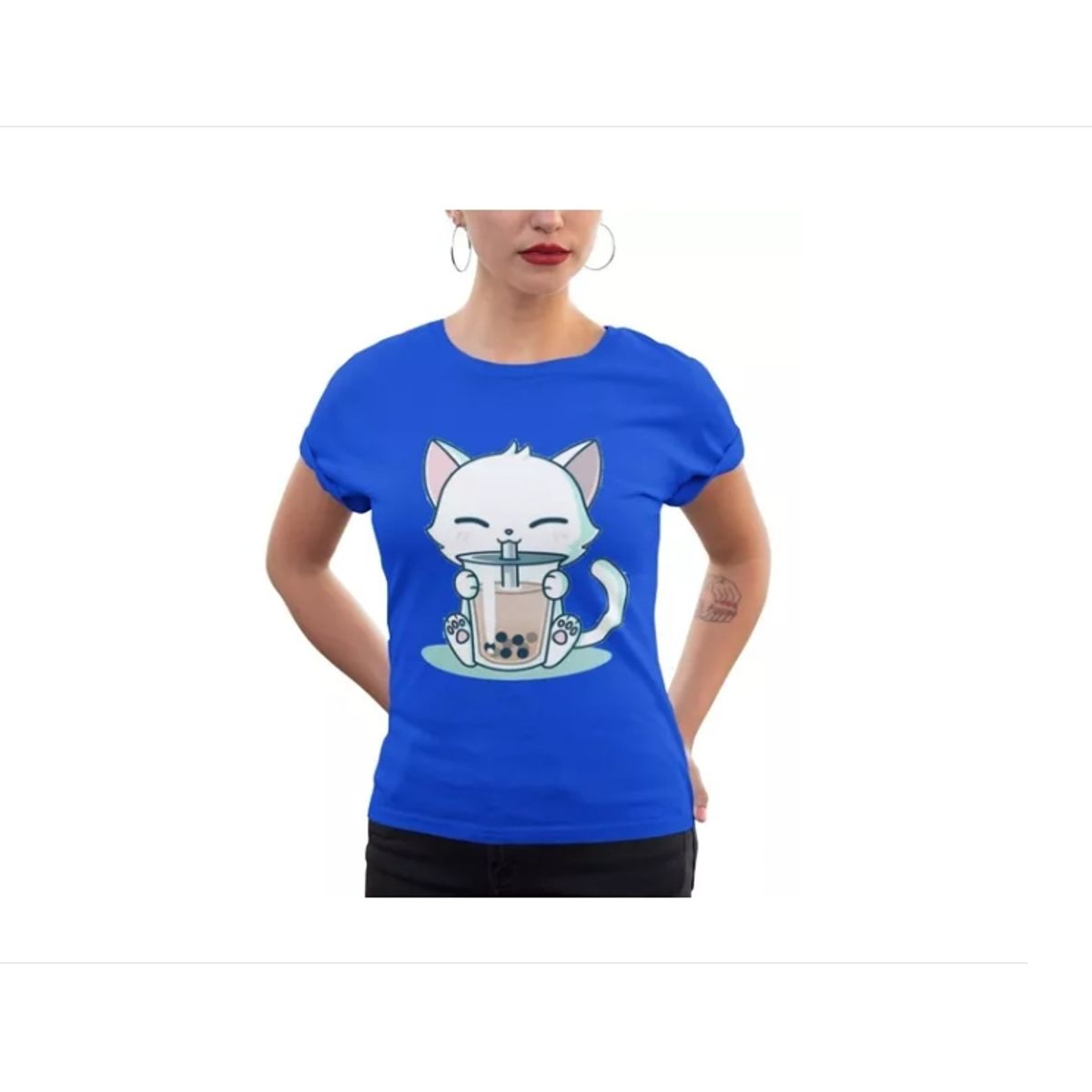GENERICO - Polera Dama Gatito Con Bebida Estampado Algodon