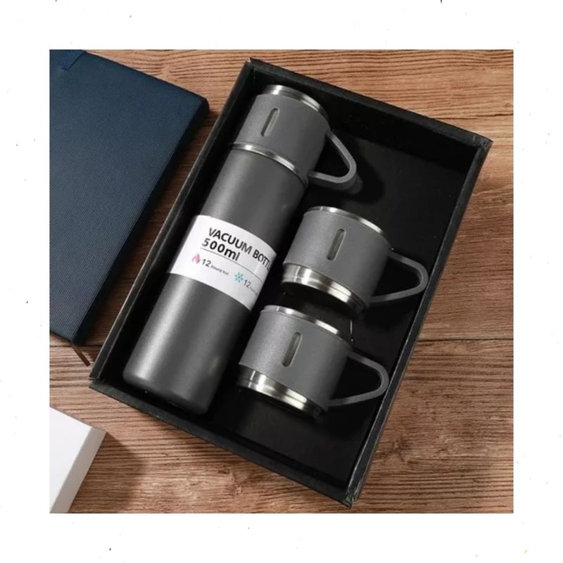 GENERICO - Set Termo Para Agua Caliente/fría + 3 Tazas 500 Ml gris