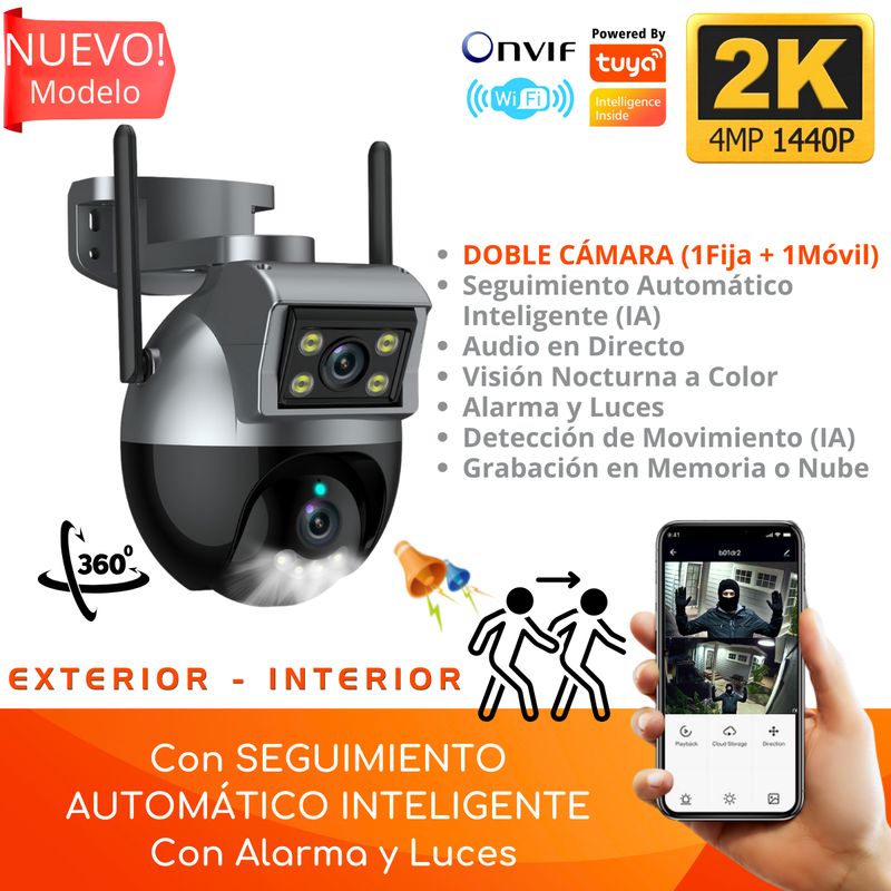 D MOTICA - Cámara Doble Lente Wifi Inteligente 2k/4mp, 1 Fija + 1 Móvil