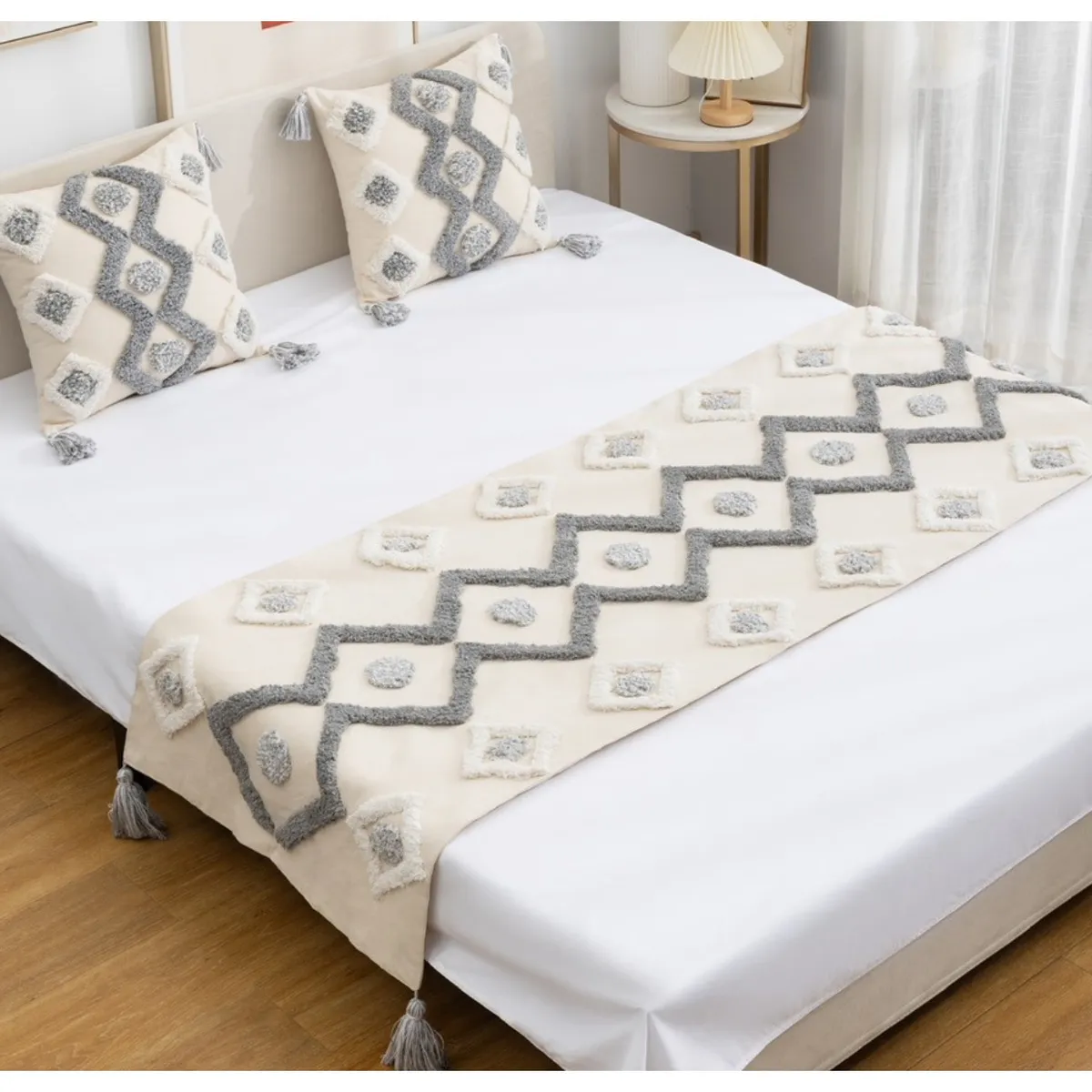 COMPRAPO - Set Piecera Boho Zig Zag Crudo y Gris 210x60 y 2 Fundas 45x45