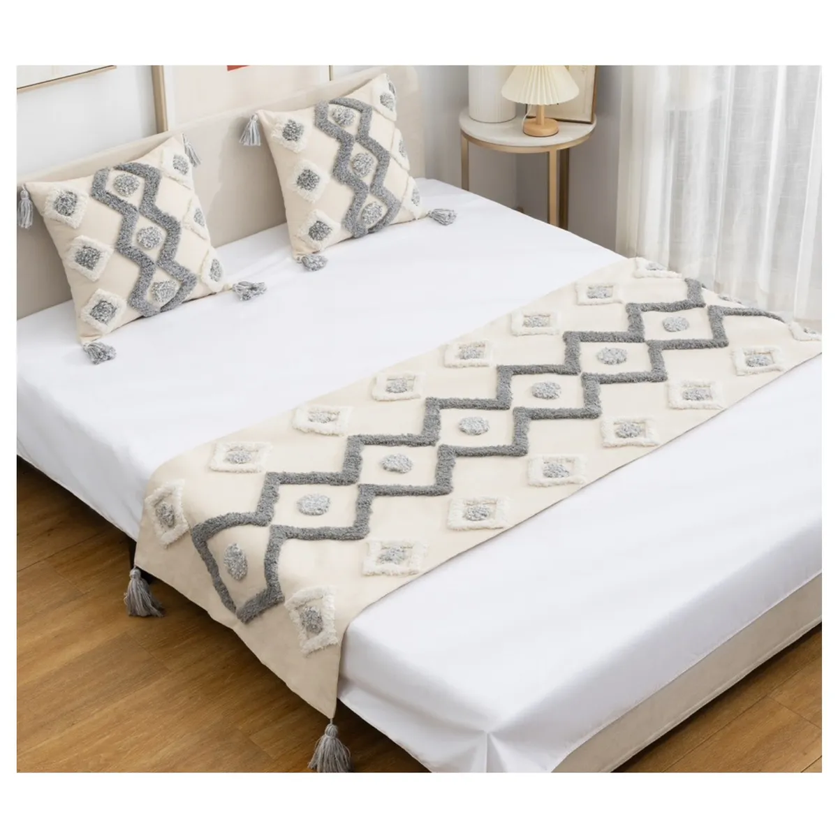 COMPRAPO - Set Piecera Boho Zig Zag Crudo y Gris 210x60 y 2 Fundas 45x45