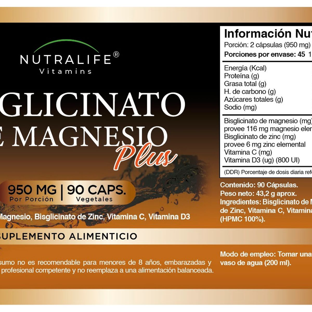 NUTRALIFE - Bisglicinato / Glicinato De Magnesio Plus Lf 270 Capsulas 3x90