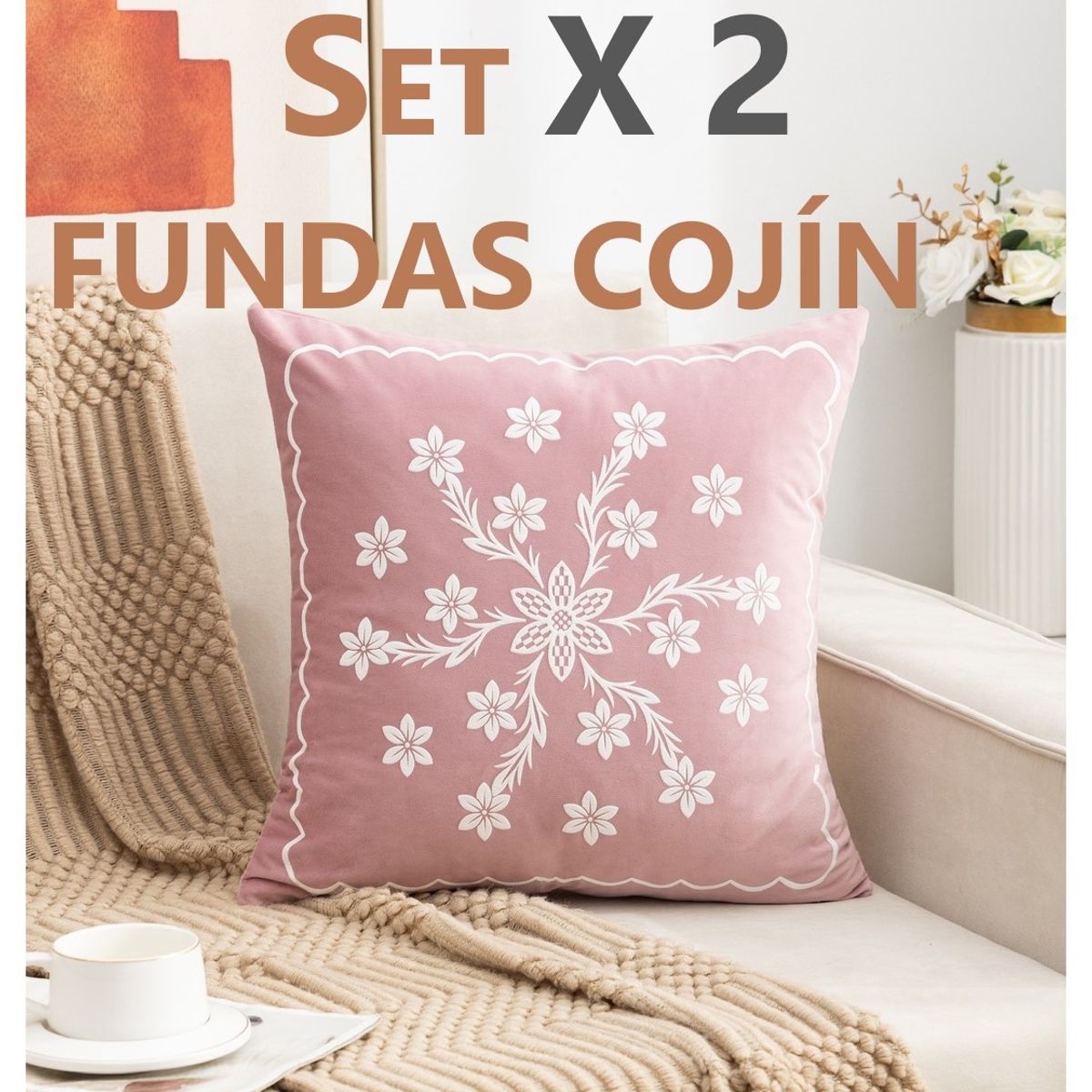 COMPRAPO - Set X 2 Fundas Cojín Aterciopelado Rosa y Blanco 45x45 Cm.