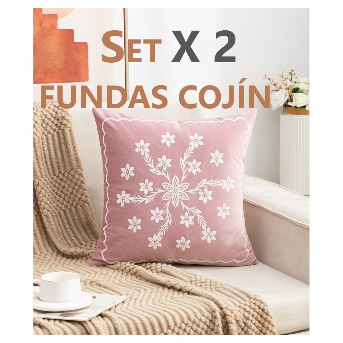 COMPRAPO - Set X 2 Fundas Cojín Aterciopelado Rosa y Blanco 45x45 Cm.