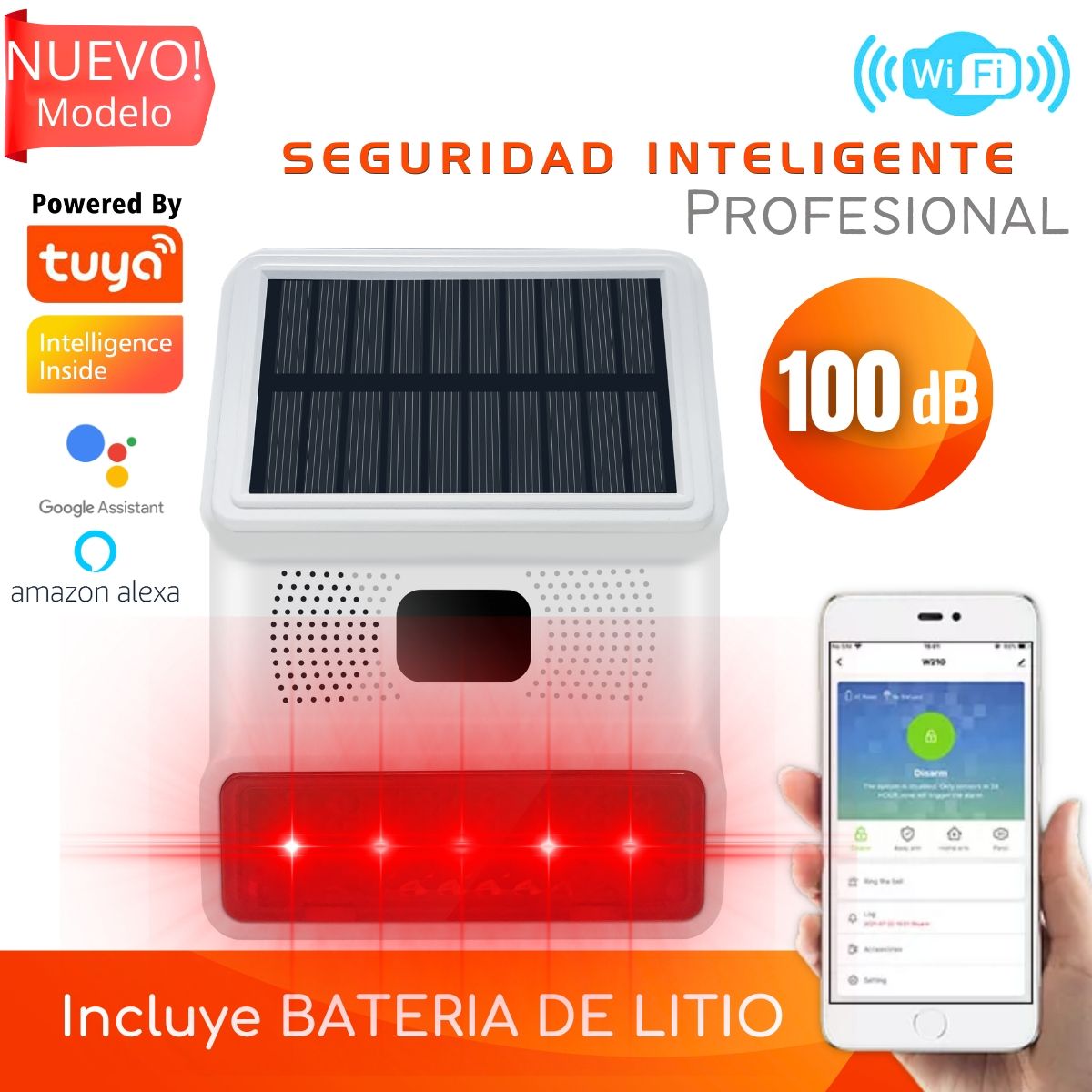 D MOTICA - Sirena Alarma y Baliza Solar Wifi Inteligente 15w Con Batería