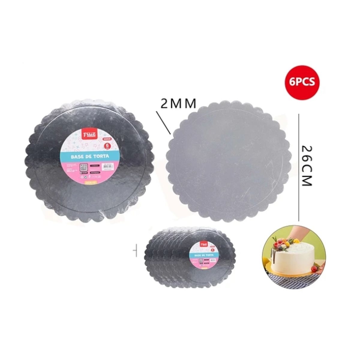 GENERICO - Base De Torta Plata 26cm Espesor 2mm Carton