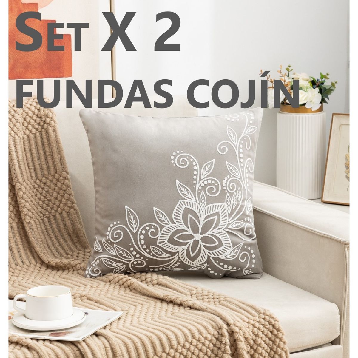 COMPRAPO - Set X 2 Fundas Cojín Aterciopelado Gris y Blanco 45x45 Cm.