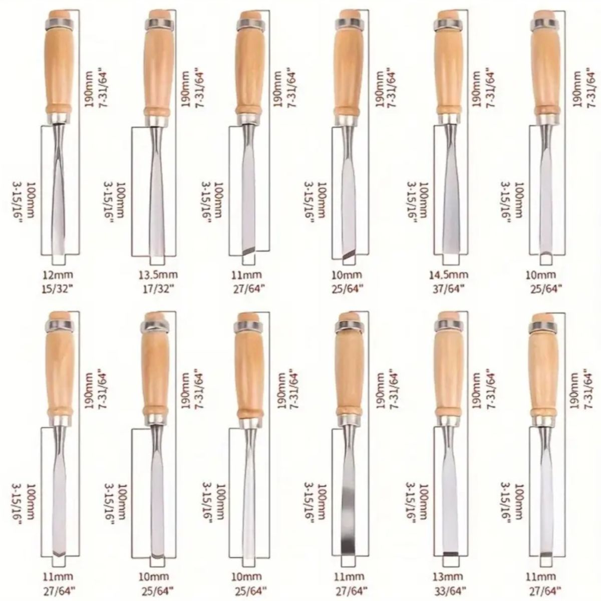 GENERICO - Set Herramientas 12 Cinceles Carpintería Diversos Tamaños y Formas