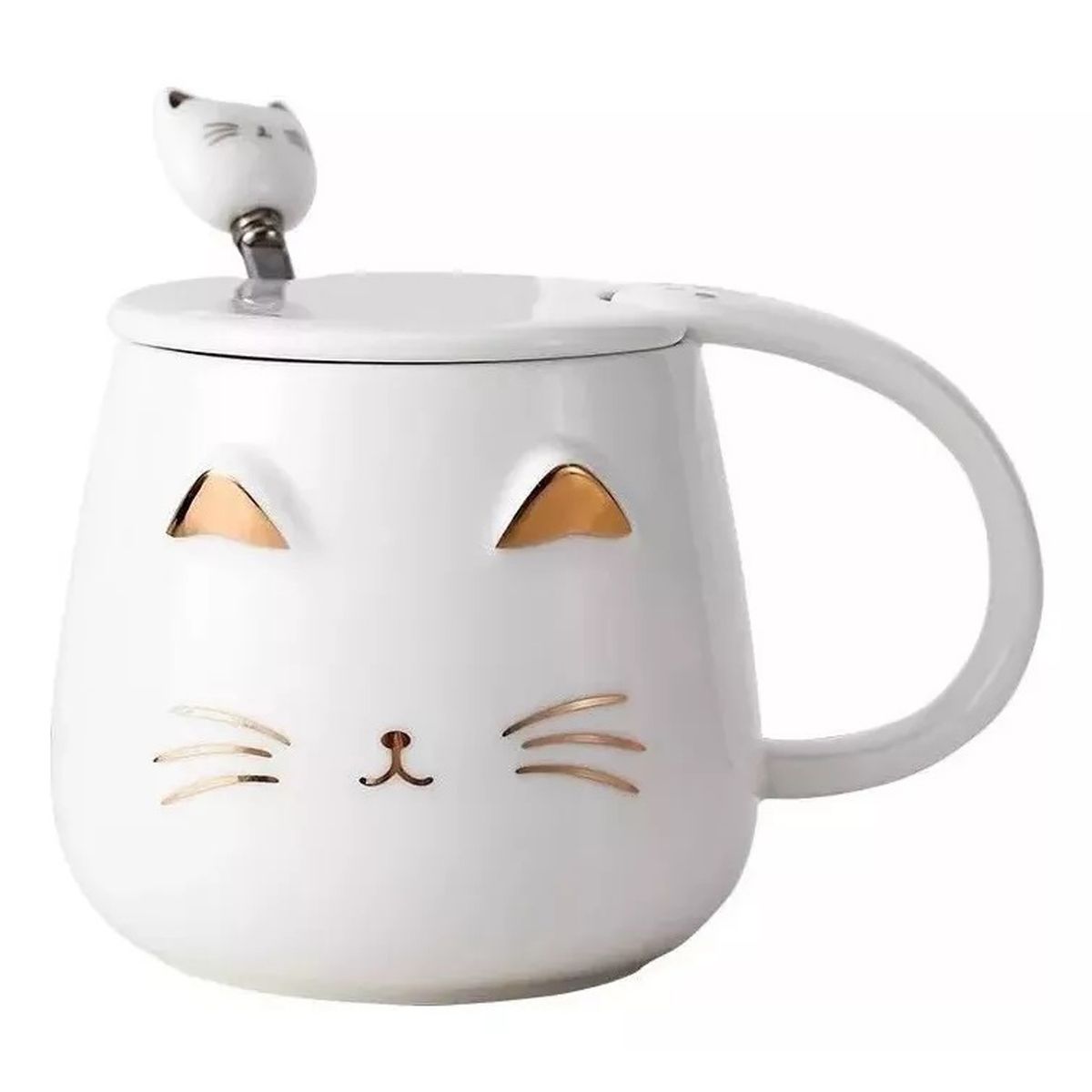 GENERICO - Taza Mug Gato Con Tapa Y Cuchara Tazón Café Té Cup Regalo Blanco