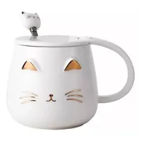 Taza Mug Gato Con Tapa Y Cuchara Tazón Café Té Cup Regalo Blanco