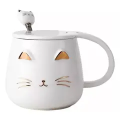 GENERICO - Taza Mug Gato Con Tapa Y Cuchara Tazón Café Té Cup Regalo Blanco