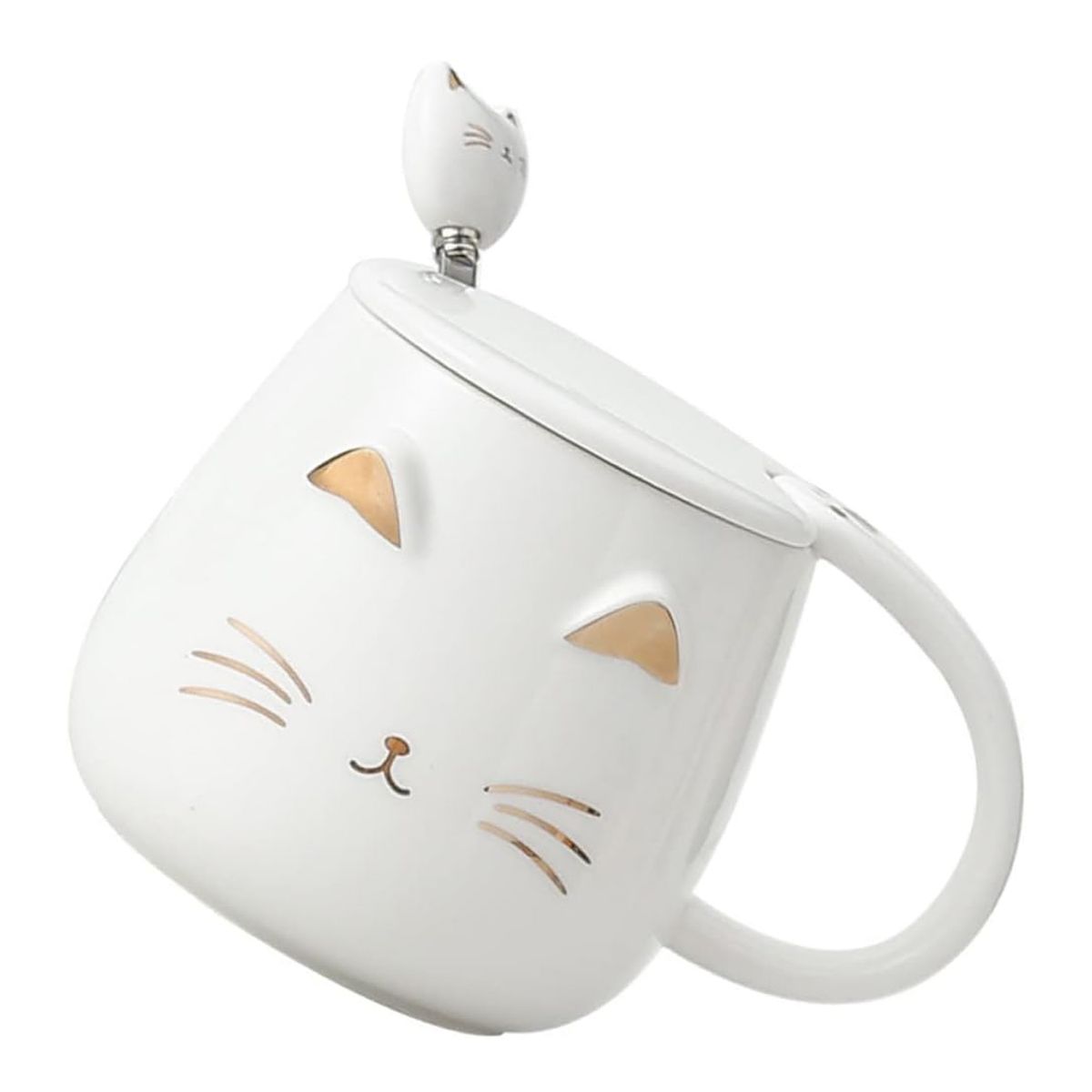 GENERICO - Taza Mug Gato Con Tapa Y Cuchara Tazón Café Té Cup Regalo Blanco