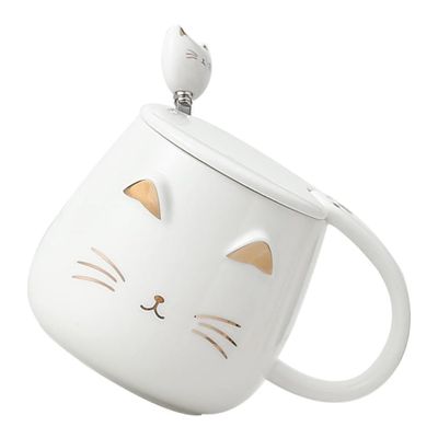 Imagen 2 del producto Taza Mug Gato Con Tapa Y Cuchara Tazón Café Té Cup Regalo Blanco