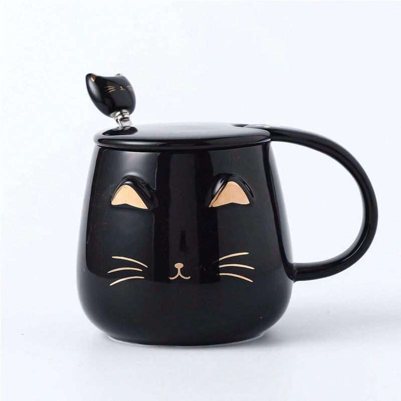 GENERICO - Taza Mug Gato Con Tapa Y Cuchara Tazón Café Té Cup Regalo Negro