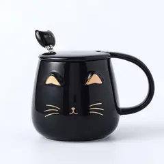 GENERICO - Taza Mug Gato Con Tapa Y Cuchara Tazón Café Té Cup Regalo Negro