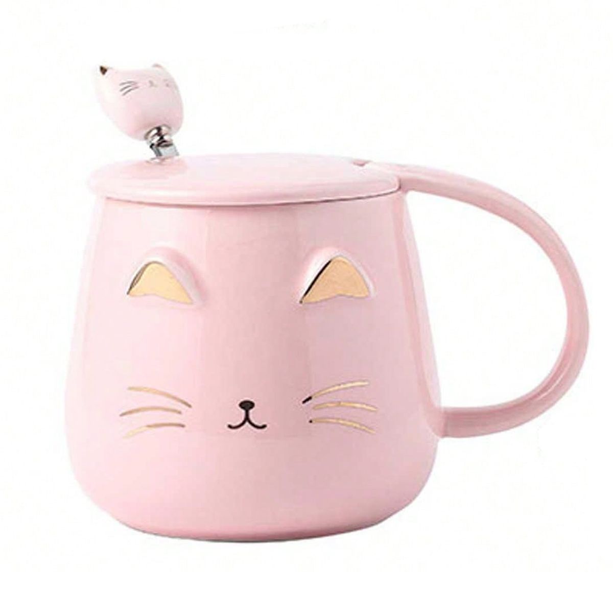 GENERICO - Taza Mug Gato Con Tapa Y Cuchara Tazón Café Té Cup Regalo Rosa