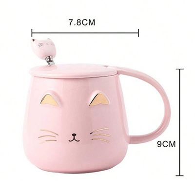 Imagen 2 del producto Taza Mug Gato Con Tapa Y Cuchara Tazón Café Té Cup Regalo Rosa