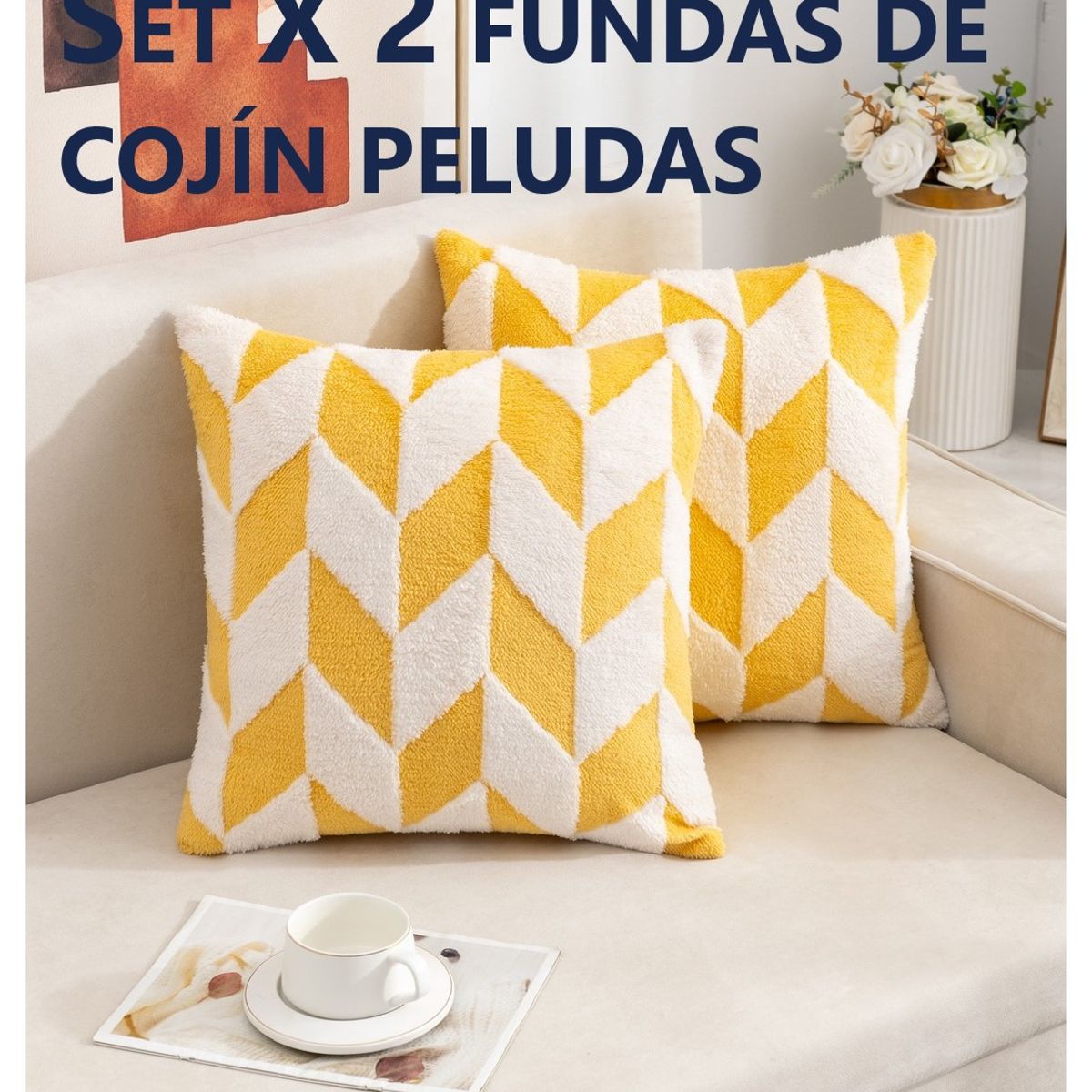 COMPRAPO - Set X 2 Fundas Cojín Peludo Geométrico Amarillo y Blanco 45x45 Cm.…