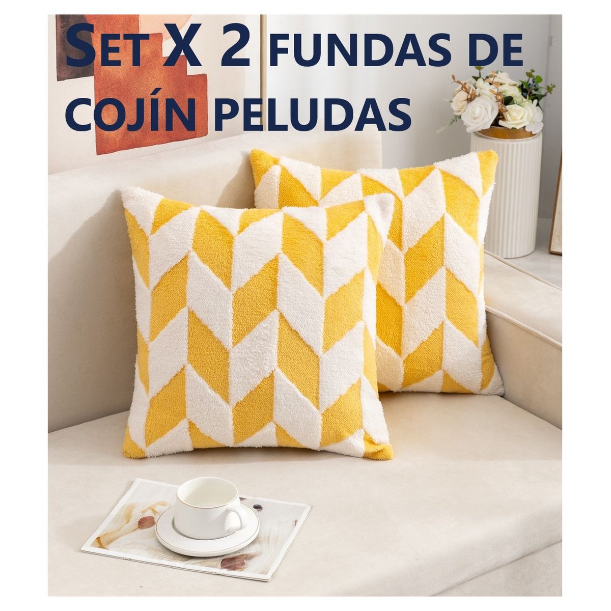 COMPRAPO - Set X 2 Fundas Cojín Peludo Geométrico Amarillo y Blanco 45x45 Cm.…