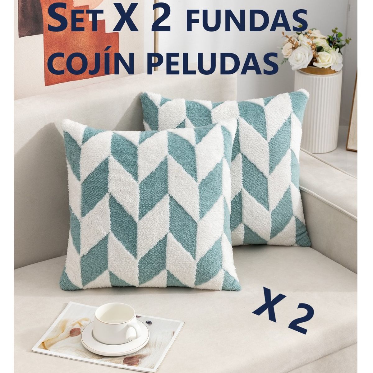 COMPRAPO - Set X 2 Fundas Cojín Peludo Geométrico Turquesa y Blanco 45x45 Cm