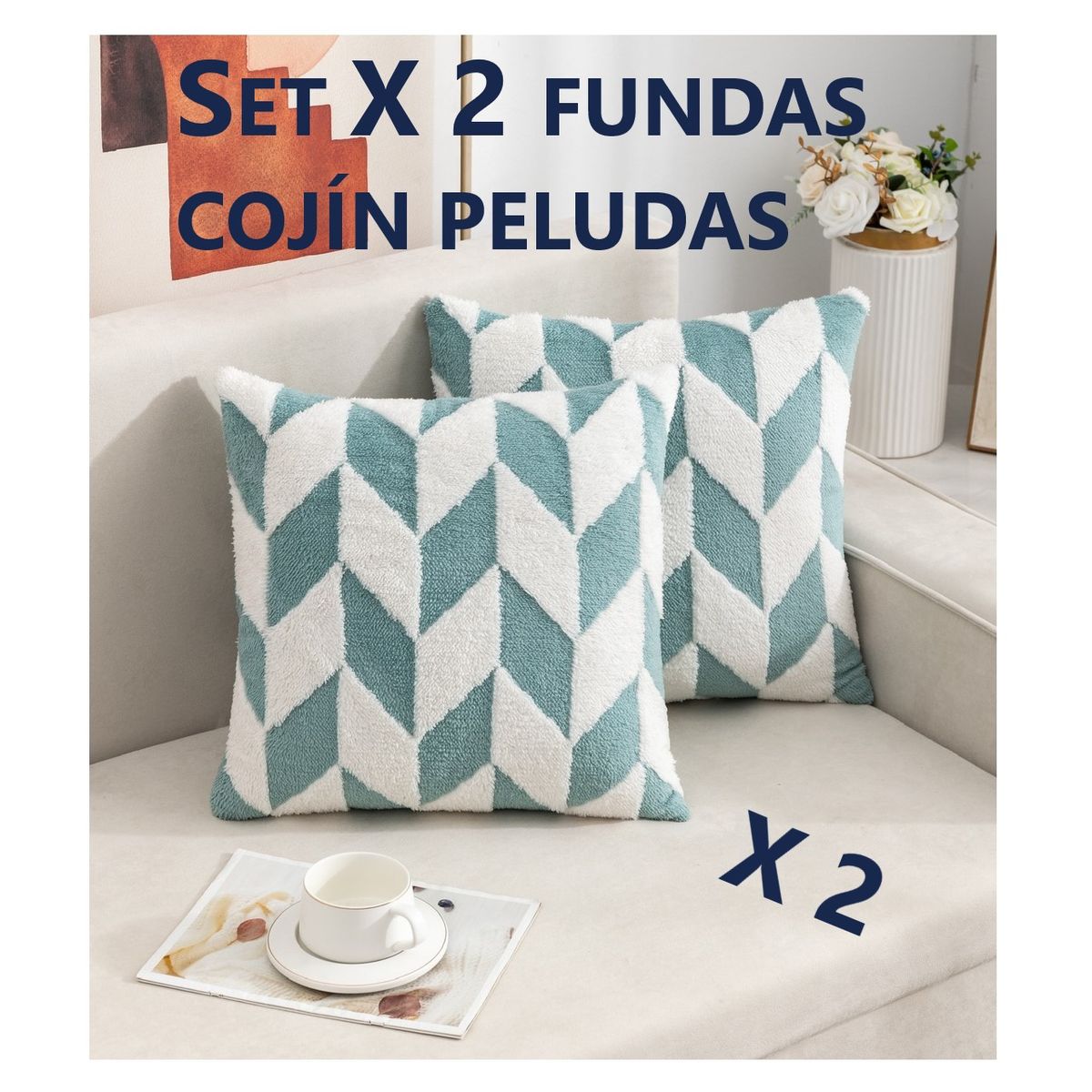 COMPRAPO - Set X 2 Fundas Cojín Peludo Geométrico Turquesa y Blanco 45x45 Cm