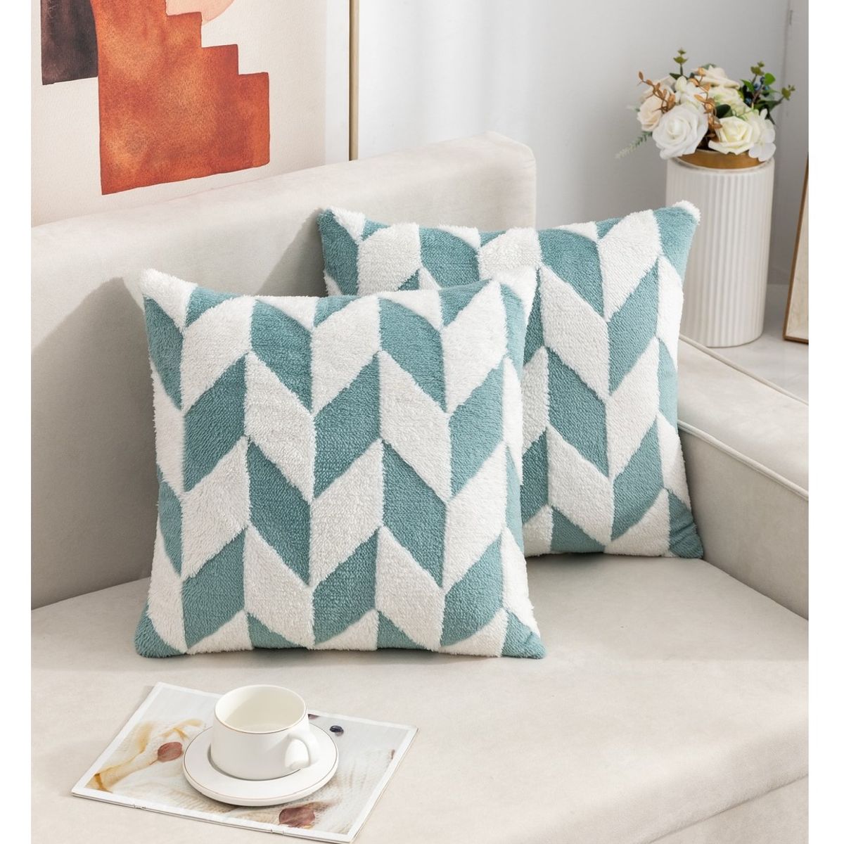 COMPRAPO - Set X 2 Fundas Cojín Peludo Geométrico Turquesa y Blanco 45x45 Cm