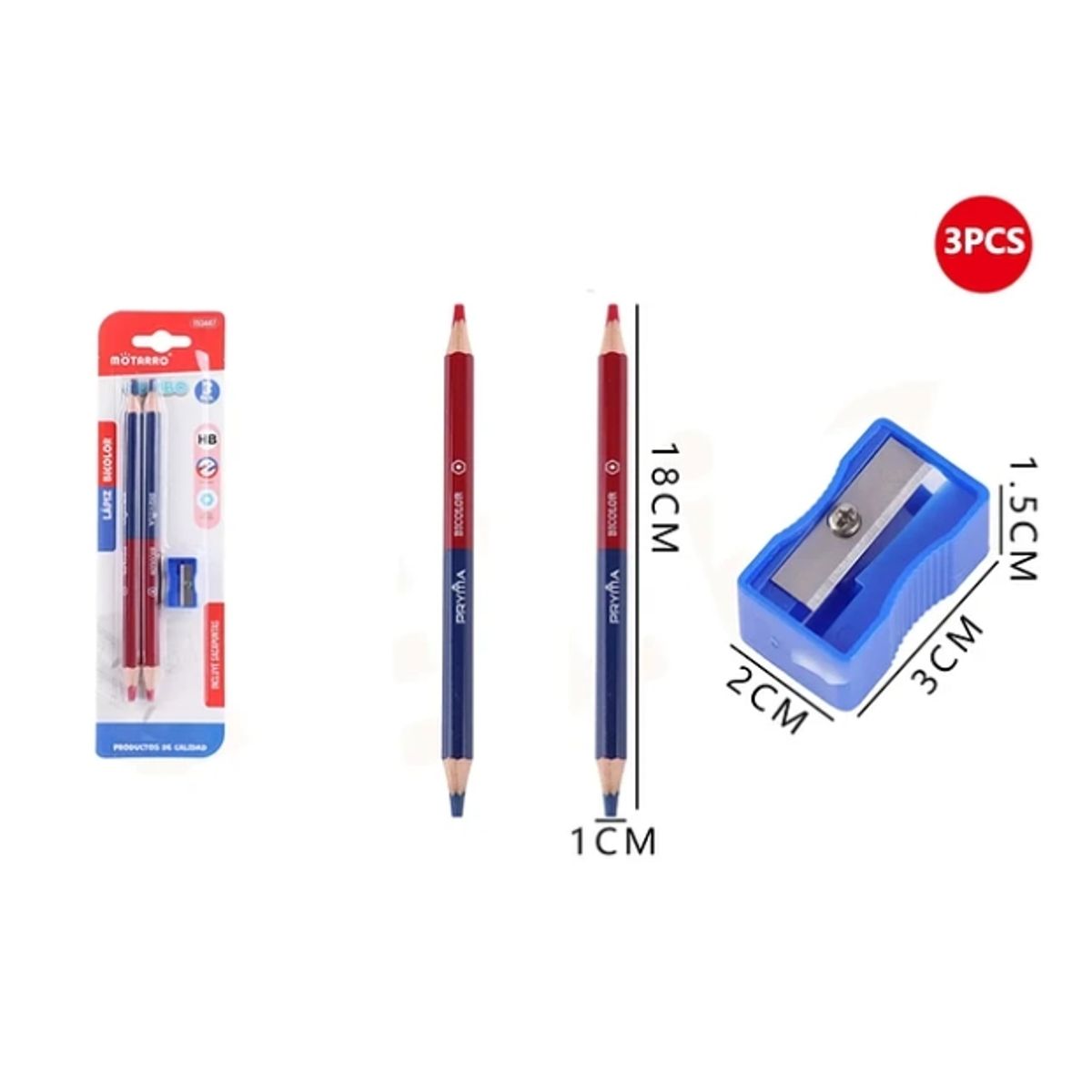 GENERICO - Set De Lápiz Doble Punta Rojo&Azul +Sacapunta 18cm 3pcs