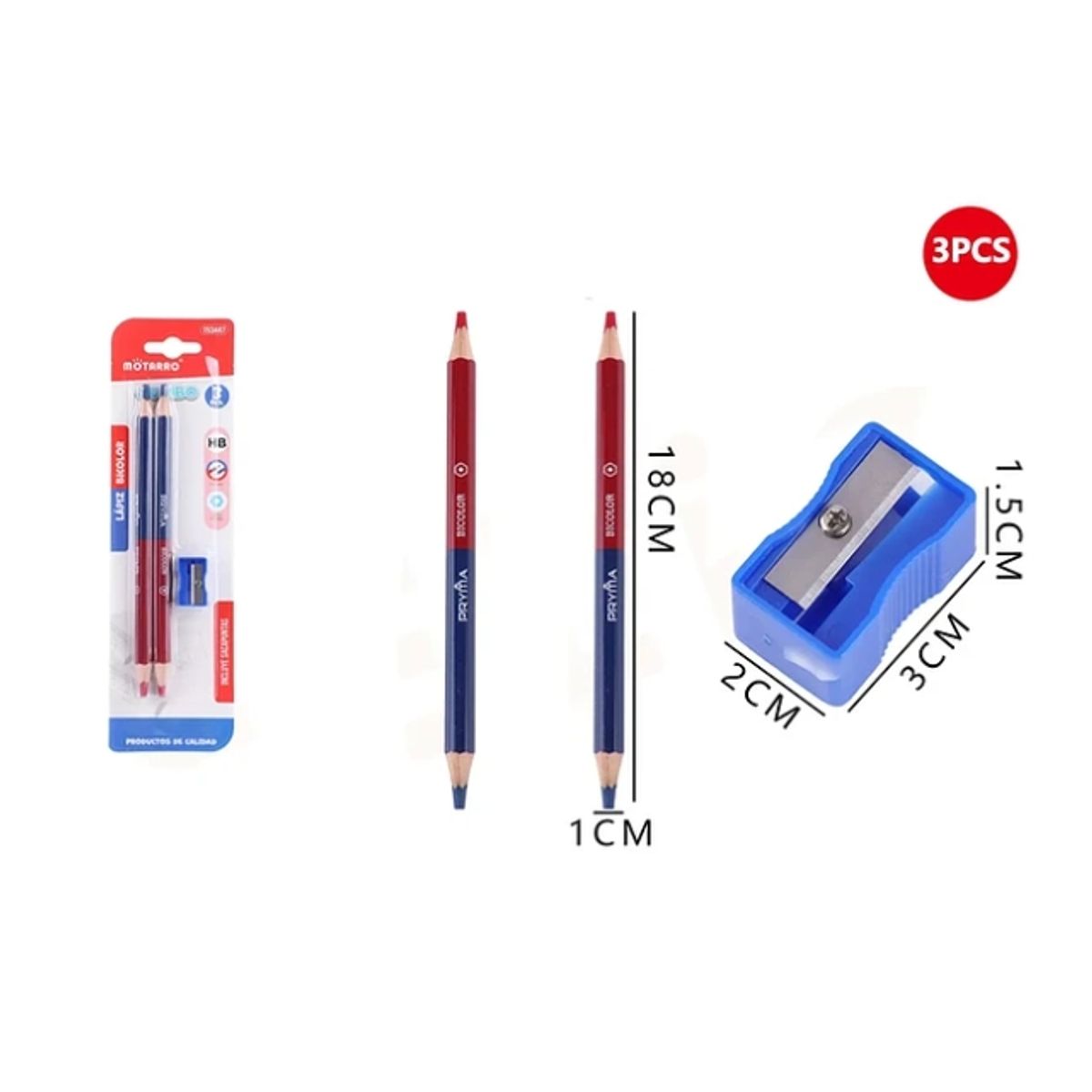 GENERICO - Set De Lápiz Doble Punta Rojo&Azul +Sacapunta 18cm 3pcs