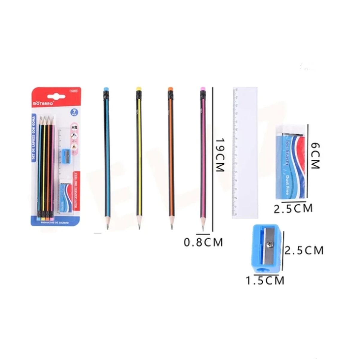 GENERICO - Set De 4 Lápiz Gráfito+Regla+Sacapunta+Goma 19cm 7pcs