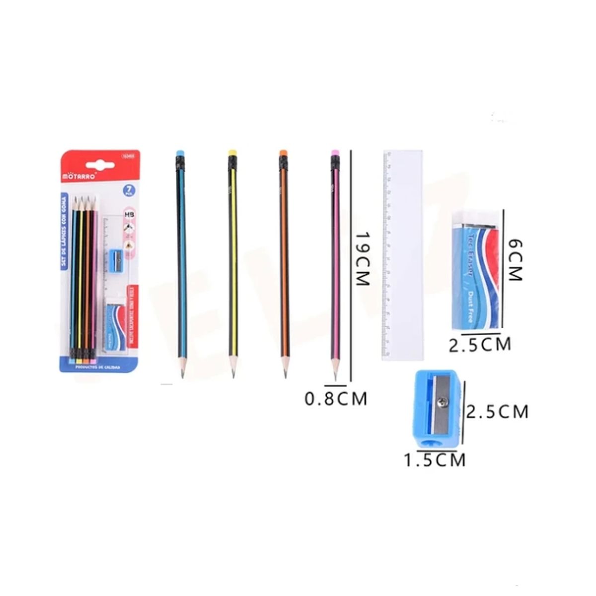 GENERICO - Set De 4 Lápiz Gráfito+Regla+Sacapunta+Goma 19cm 7pcs