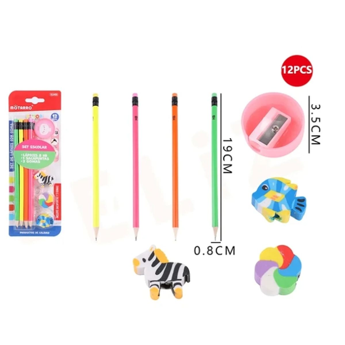 GENERICO - Set De 4 Lápiz Gráfito +Sacapunta+Goma +19cm 12pcs