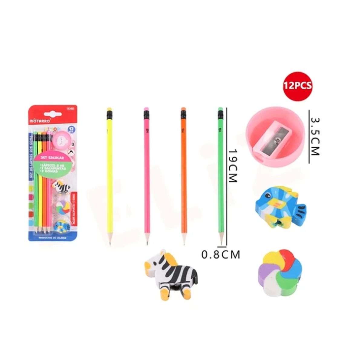 GENERICO - Set De 4 Lápiz Gráfito +Sacapunta+Goma +19cm 12pcs