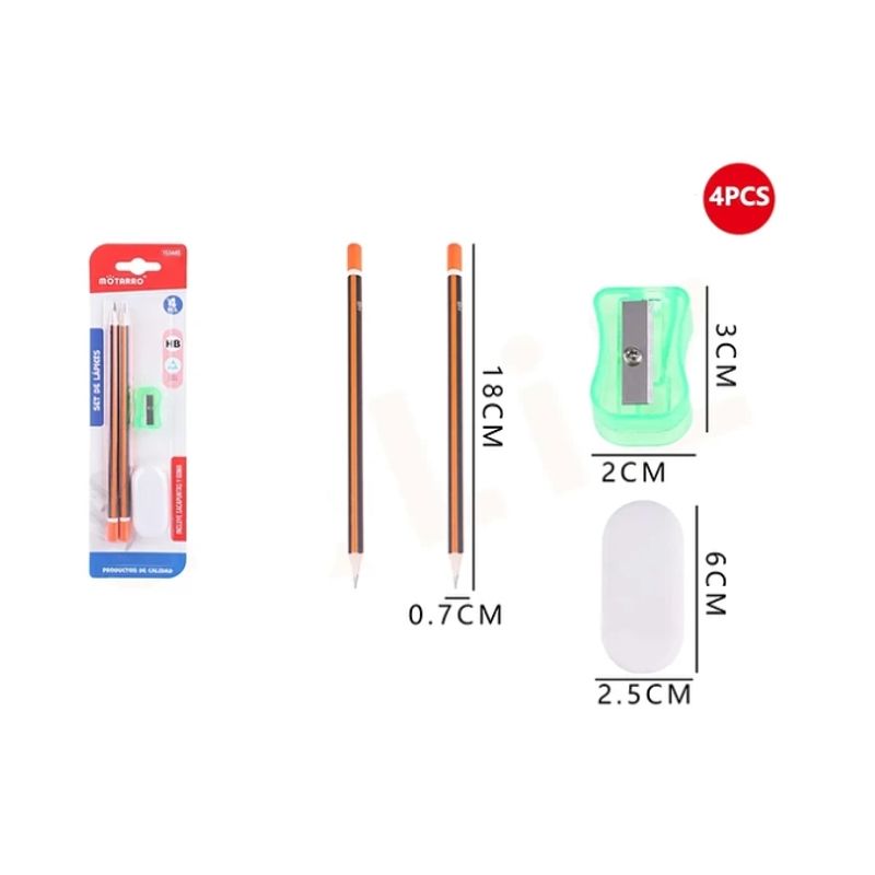 GENERICO - Set De 2 Lápiz Gráfito+Sacapunta+Goma 18cm 4pcs