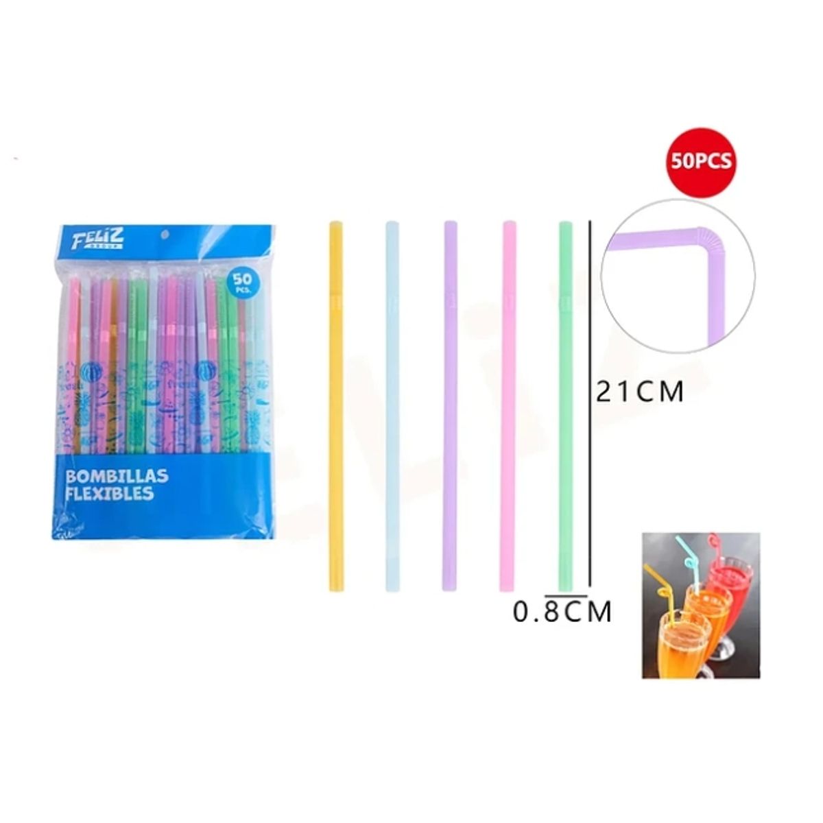 GENERICO - Bombillas Plasticas Pasteles 0.8x21 cm 50 pcs