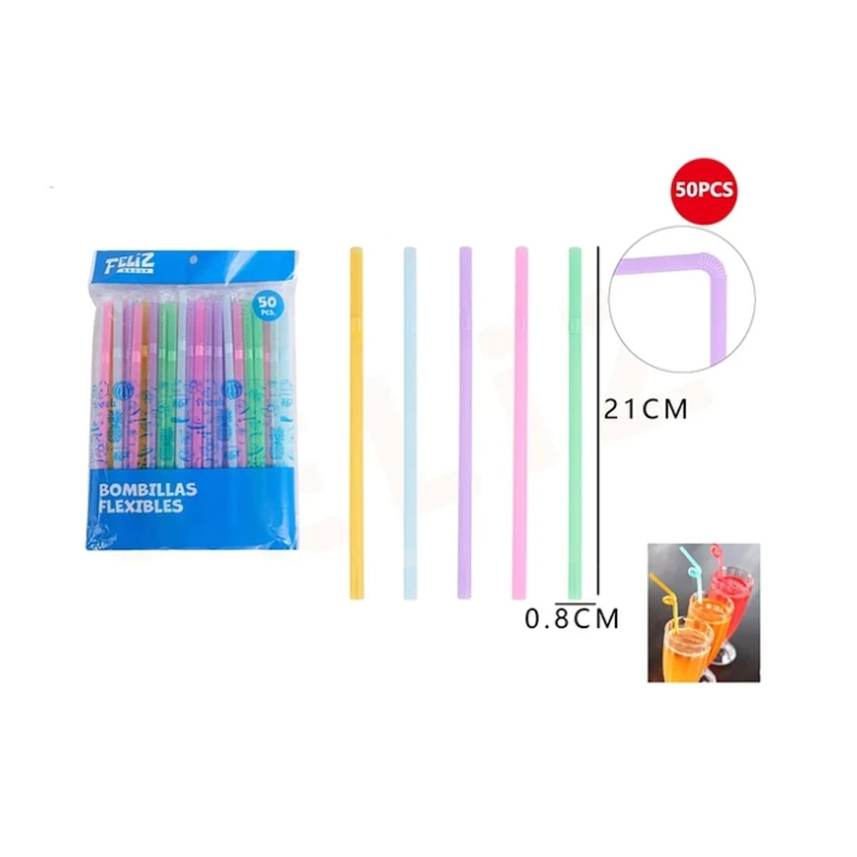 GENERICO - Bombillas Plasticas Pasteles 0.8x21 cm 50 pcs