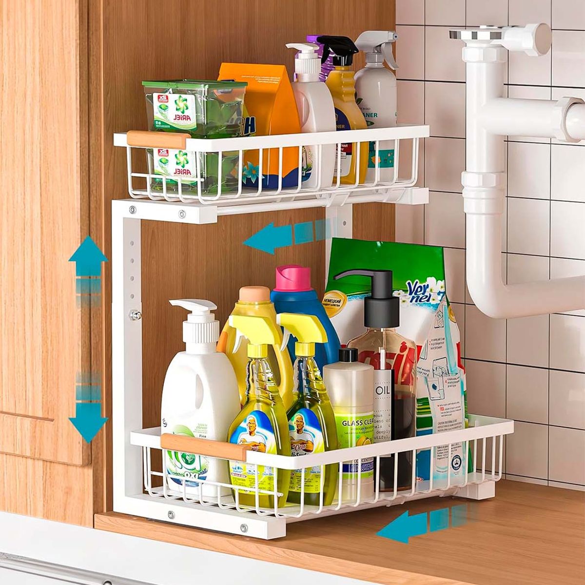 GENERICO - Organizador Estante Multiuso Bajo Lavaplatos Cocina 2 Niveles Blanco